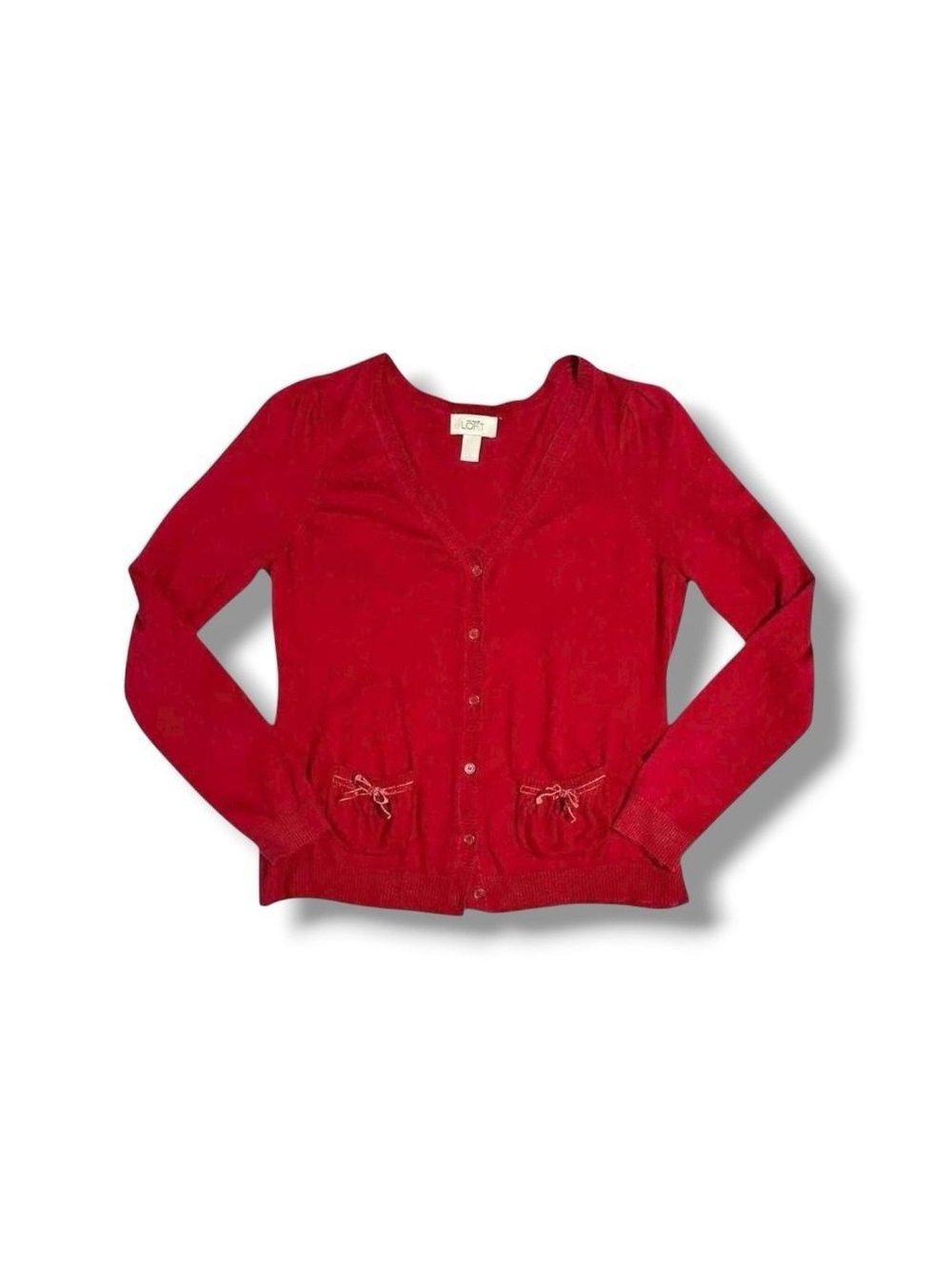 LOFT Cherry Red Velvet Ribbon Bow Knit Cardigan Long Sleeve Button Up Sweater L
